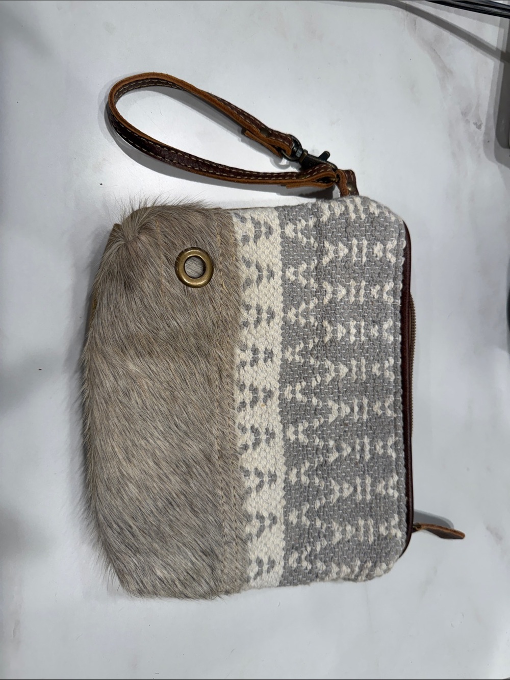 Myra Bag Neutral Fur & Knit Wristlet Clutch - Beige Gray
